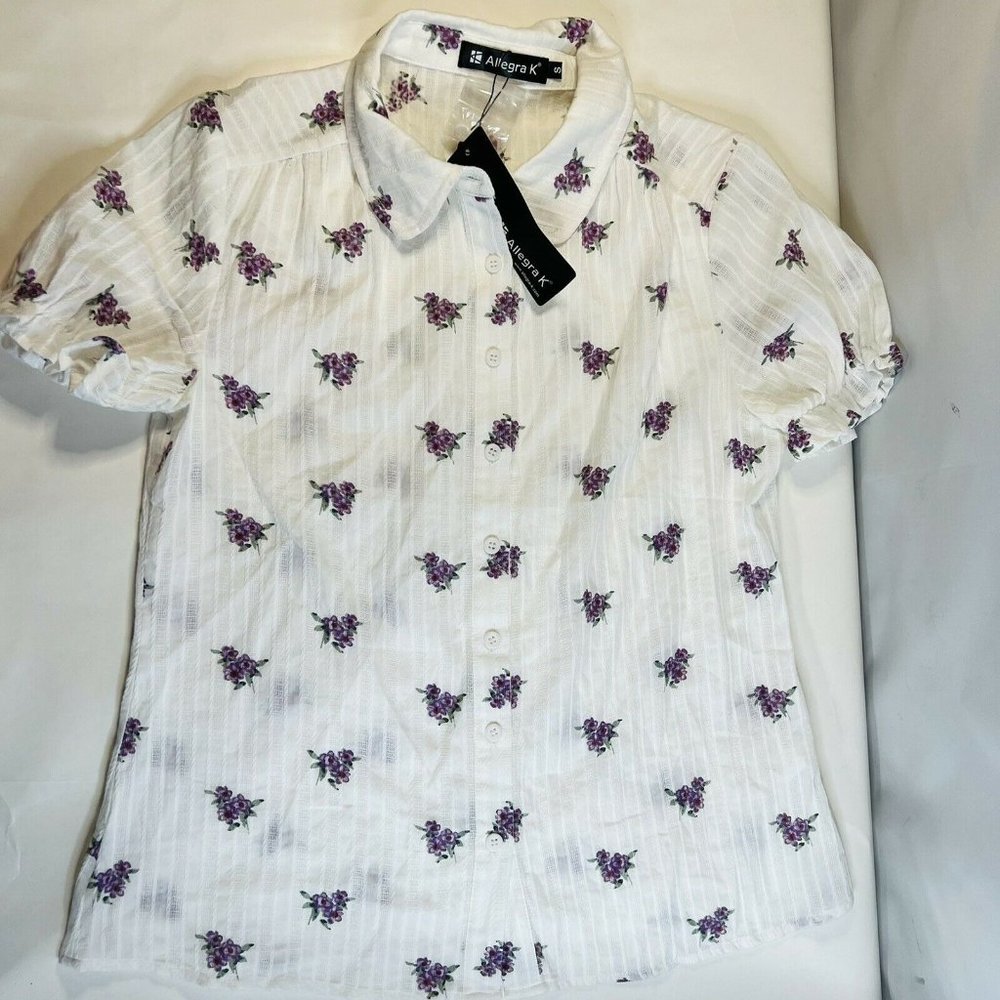 Allegra K Women's Turndown Collar Button Up Floral Top Blouse White Size Small